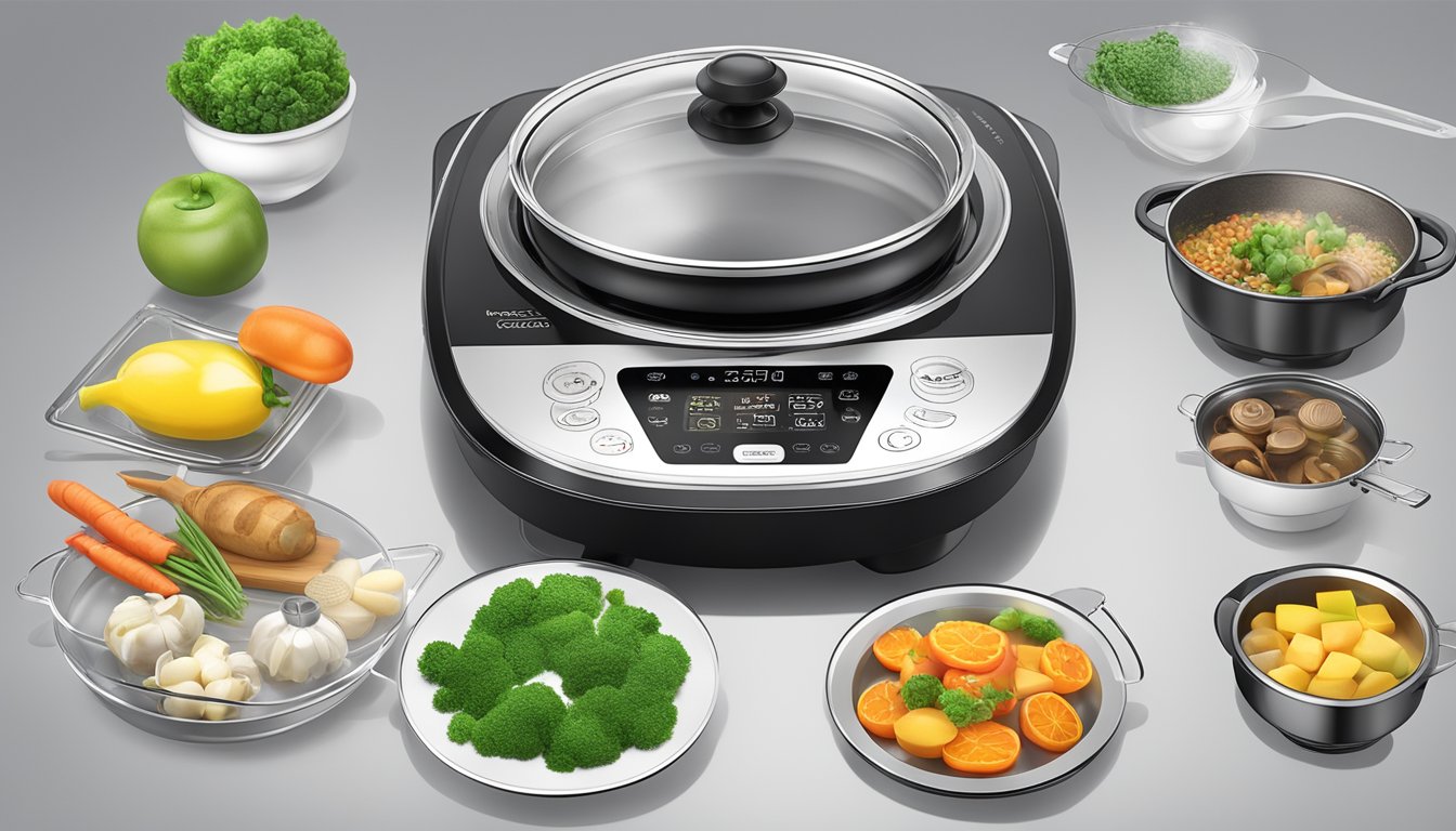 A toyomi induction cooker surrounded by a variety of kitchen utensils and ingredients, with a user-friendly interface and clear instructions displayed on the screen