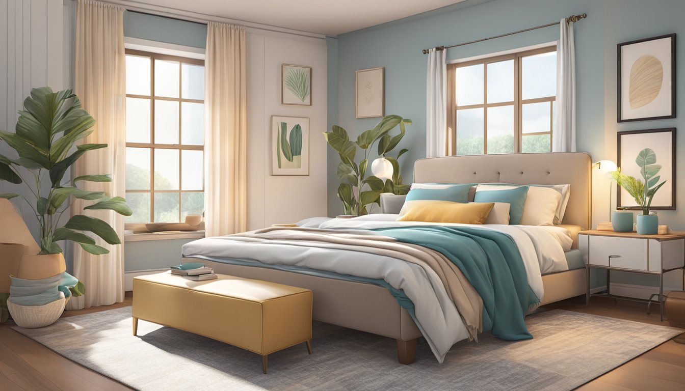 A cozy bedroom with a neatly made bed, adorned with a variety of body pillows in different shapes, sizes, and colors. The pillows are arranged in an inviting and aesthetically pleasing manner