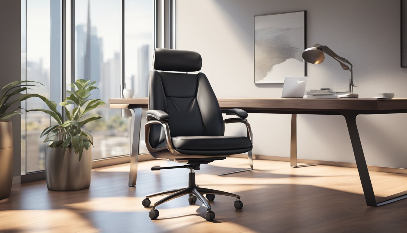 A sleek leather office chair sits in a modern workspace, bathed in natural light, exuding luxury and comfort