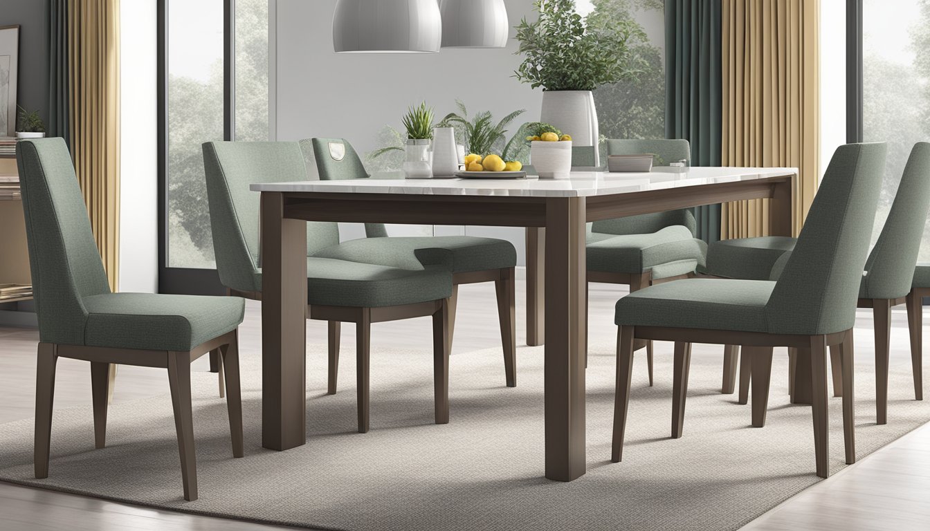 A dining table stands at 30 inches tall, with a smooth, polished surface, and sturdy, elegant legs