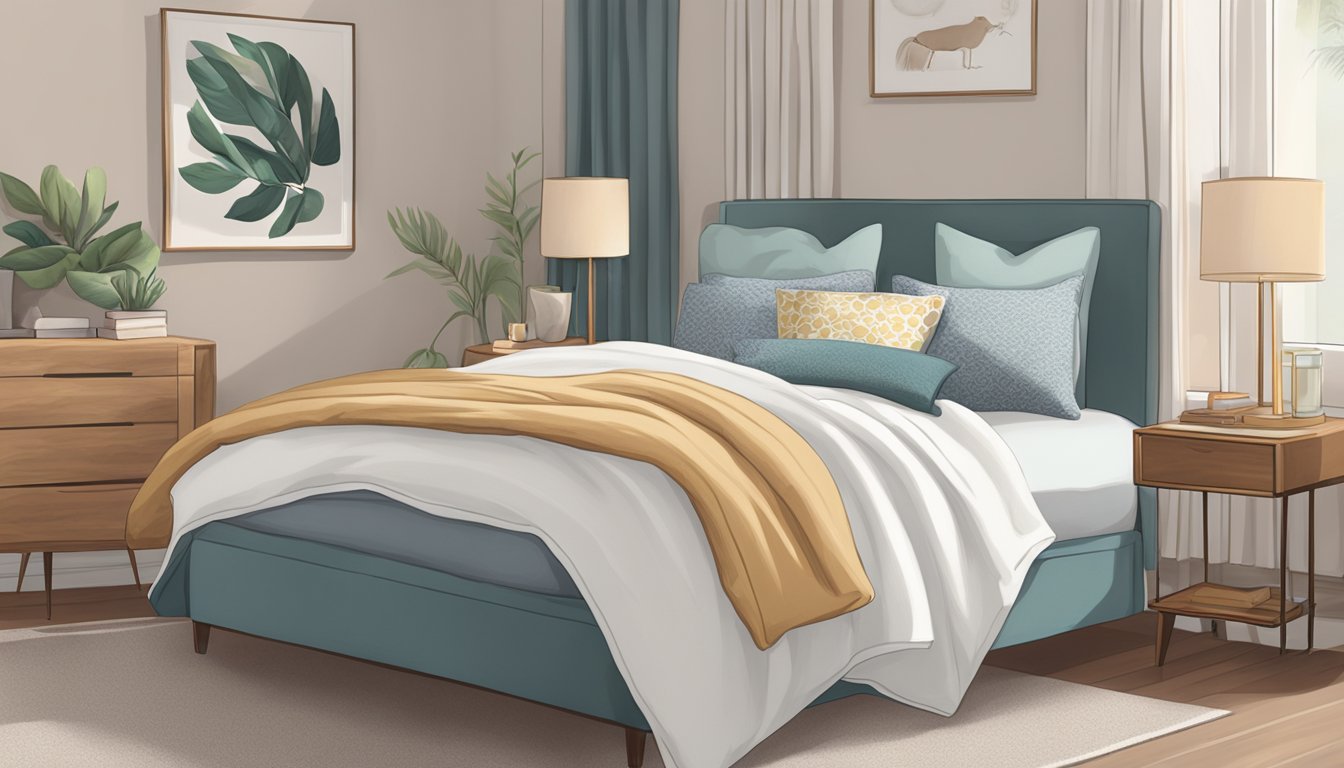 A cozy bedroom with a large body pillow featuring "Frequently Asked Questions" printed on it, surrounded by other comfy pillows and a soft blanket