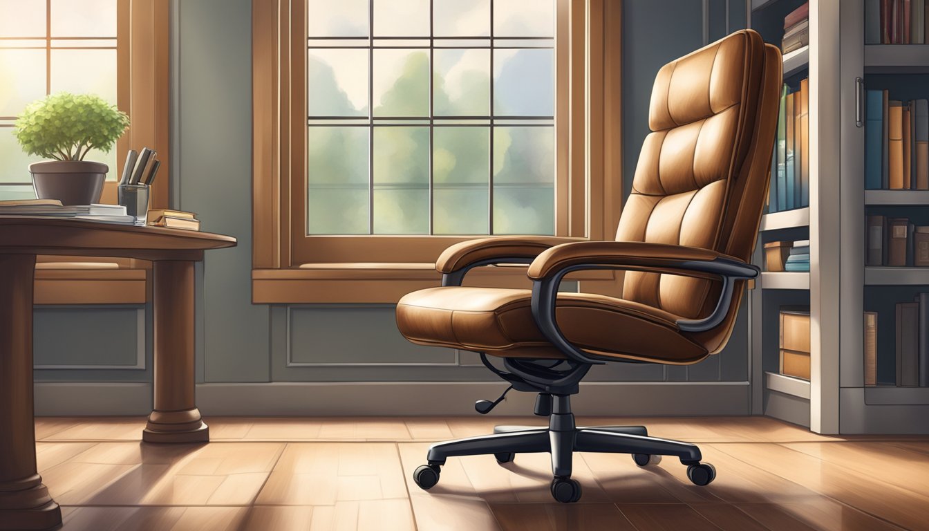 A leather office chair sits in a well-lit room, its smooth surface gleaming under the light. A small bottle of leather conditioner and a soft cloth are nearby, ready for use