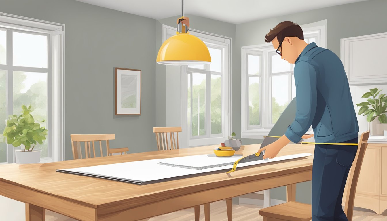 A person measures the height of a dining table with a tape measure