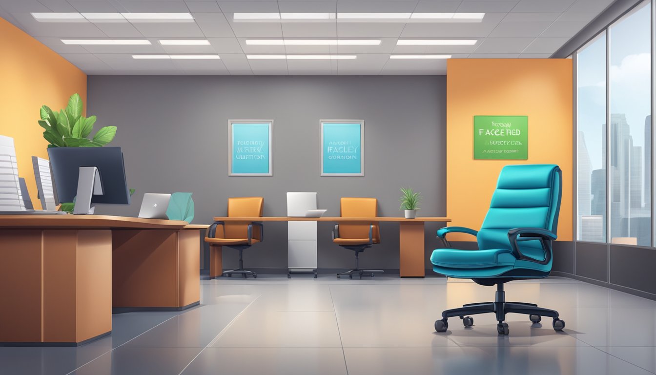 A leather office chair in a modern office setting with a sign reading "Frequently Asked Questions" in the background