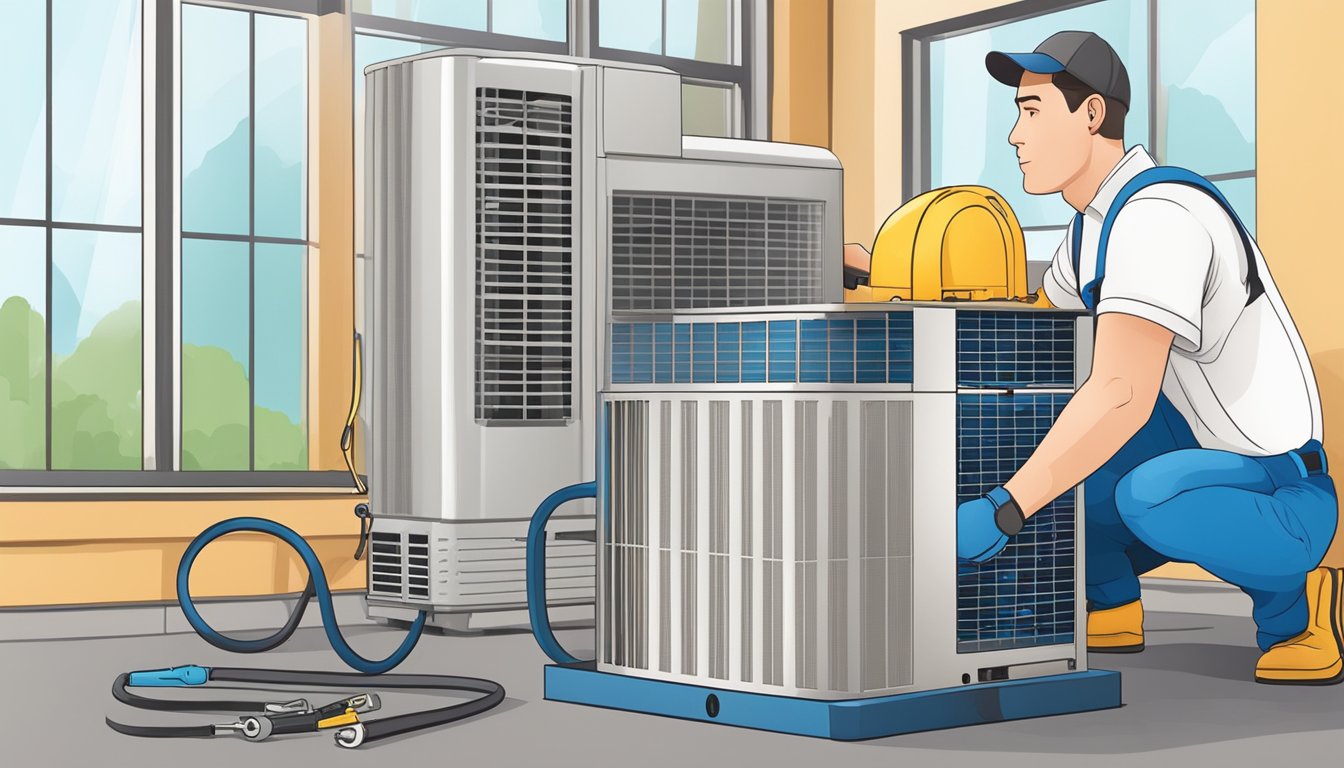 A technician installs and maintains an air conditioning unit with essential tools and equipment
