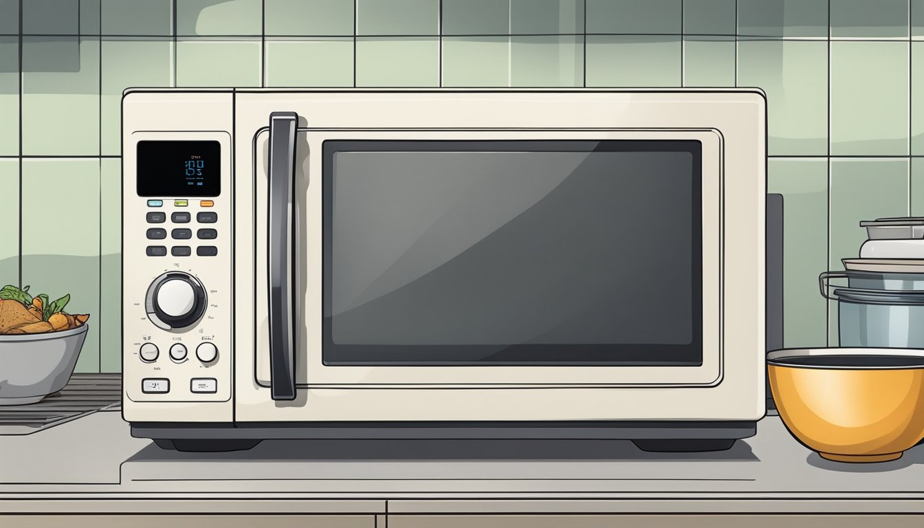 A small, budget-friendly microwave sits on a cluttered kitchen counter in Singapore. The appliance is well-used and shows signs of wear and tear