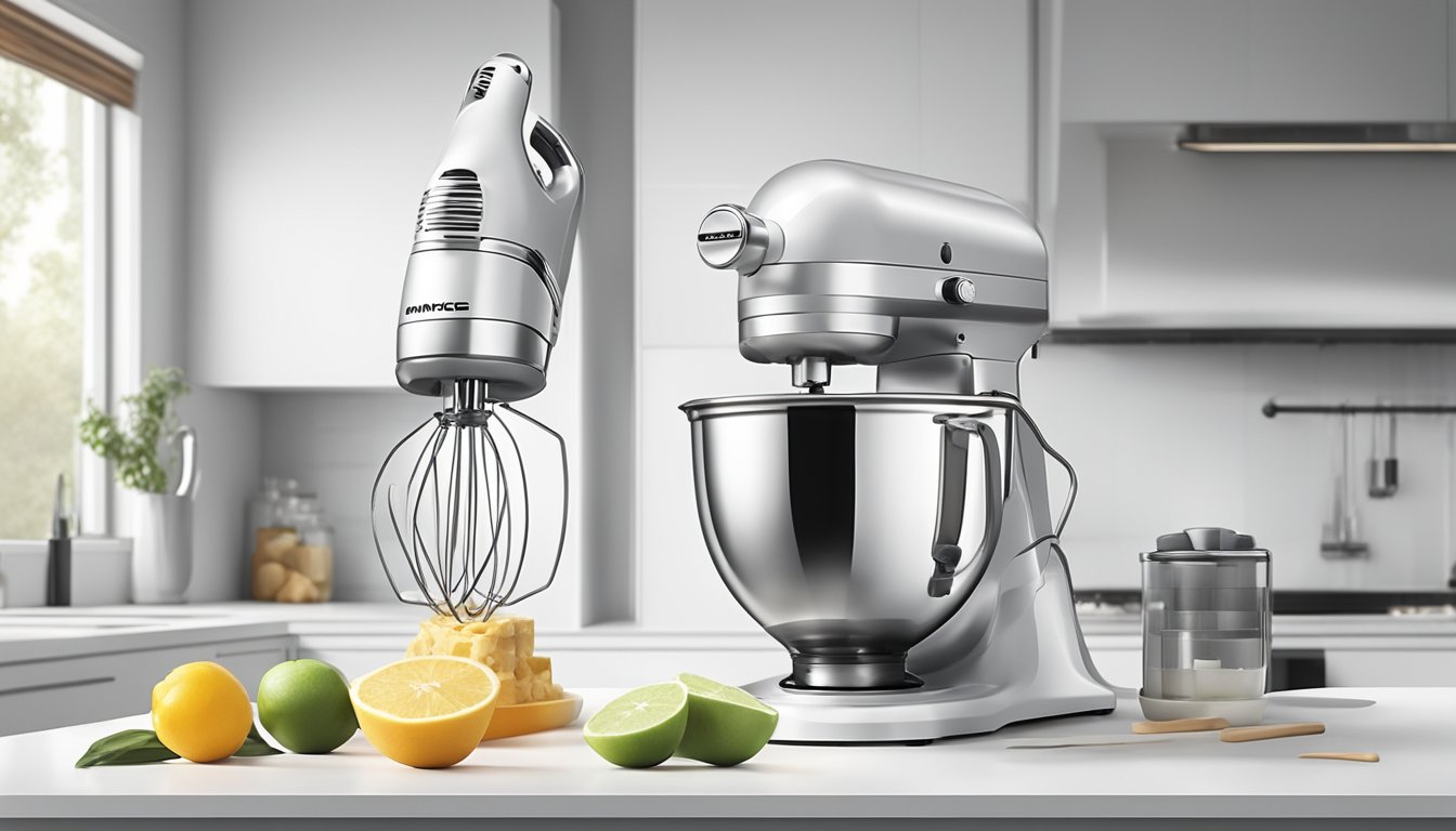 A hand mixer sits on a clean, white countertop, surrounded by various attachments and speed settings. The mixer's sleek design and modern features are highlighted in the scene