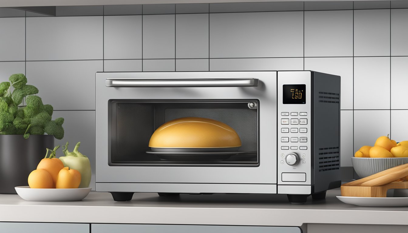 A cost-effective microwave sits on a kitchen counter, with simple controls and a digital display. Steam rises from a plate of food inside