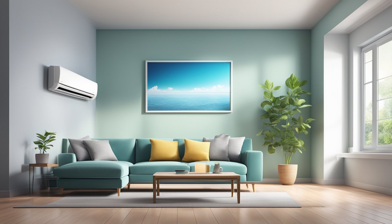 A living room with a modern air conditioning unit mounted on the wall, emitting cool air into the space