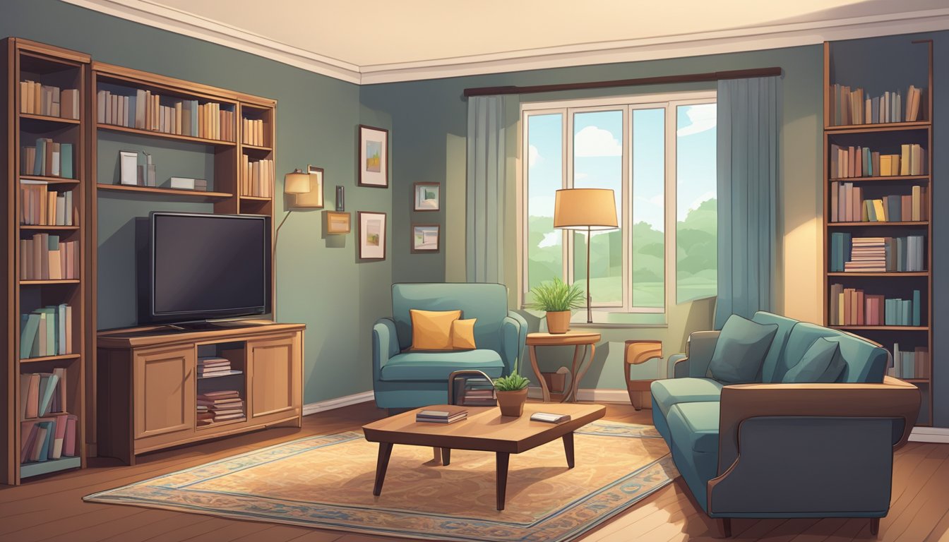 A living room with a sofa, coffee table, and armchair. A bookshelf filled with books, a TV on a stand, and a rug on the floor