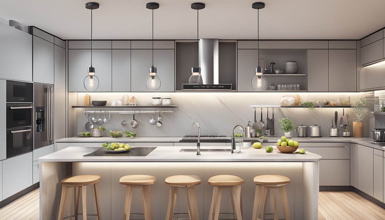 A modern kitchen with sleek countertops and shelves holding various hand mixers. Bright lighting illuminates the space, showcasing the top hand mixer models available in Singapore