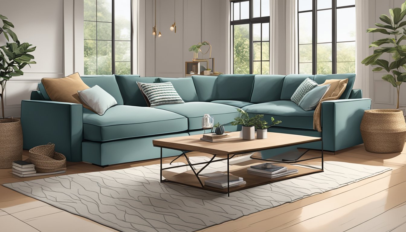 An L-shaped sofa, large enough to seat five people comfortably, sits in the center of a spacious living room, adorned with plush cushions and a cozy throw blanket