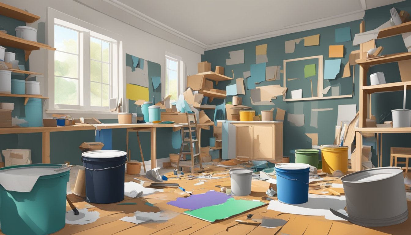 A cluttered room with paint cans, tools, and furniture in disarray. Walls are half-painted, floors torn up for renovation