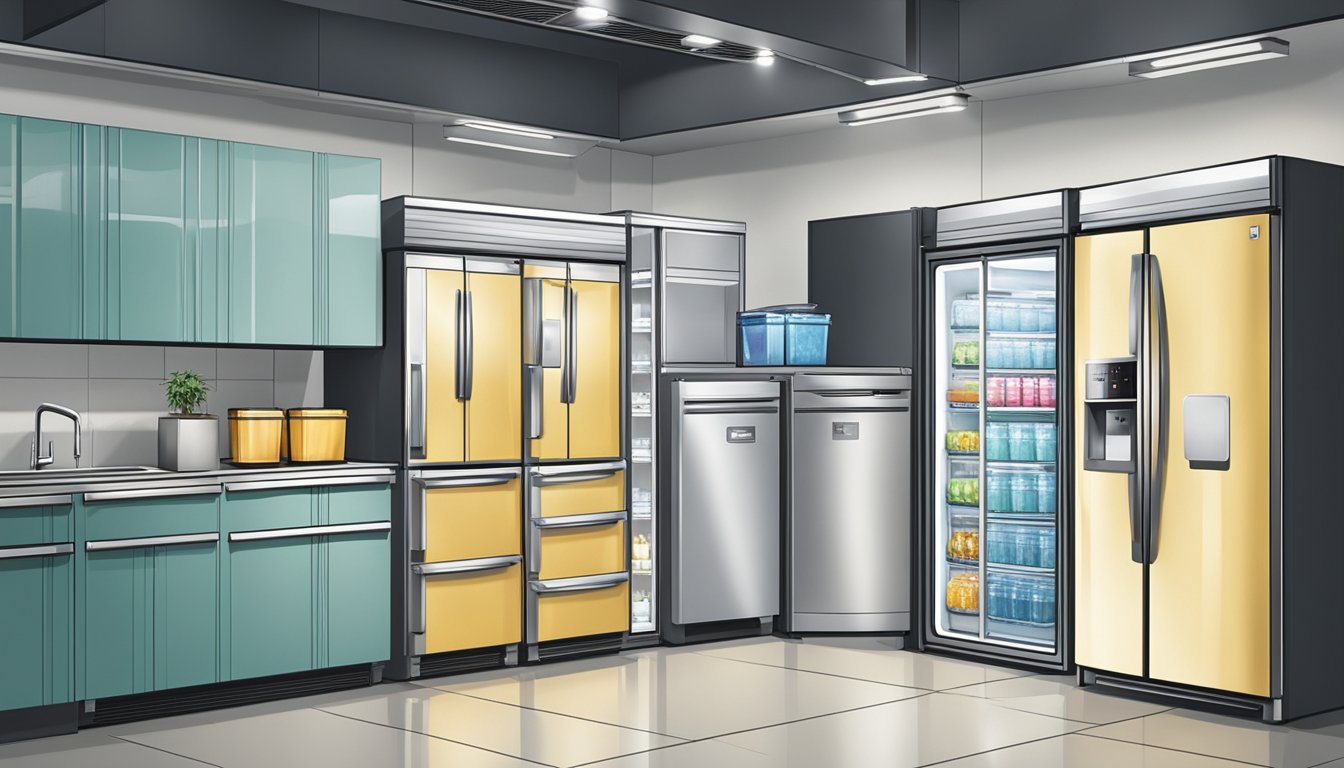 A bright, spacious appliance store in Singapore displays a variety of refrigerators in different sizes and styles. Shelves are neatly stocked with various brands and models, and a helpful sales representative is available to assist customers