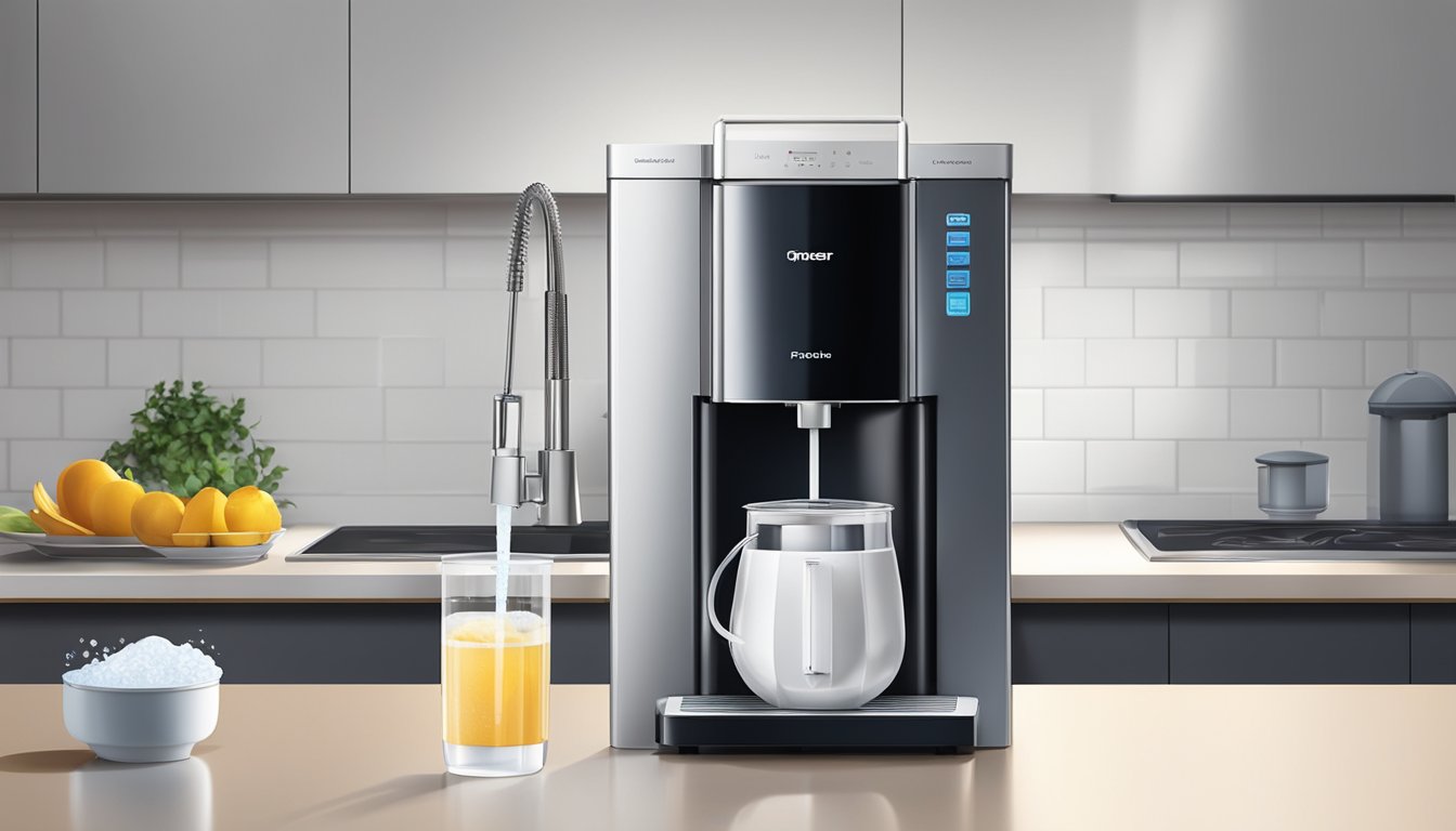 A water filter machine sits on a kitchen counter, its sleek design and modern features catching the light. Price tag is visible