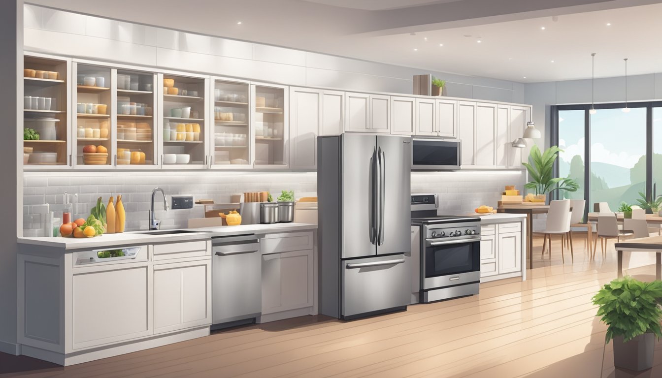 A spacious kitchen with various refrigerator models on display. Bright lighting and clean surroundings. Shoppers browsing and comparing features