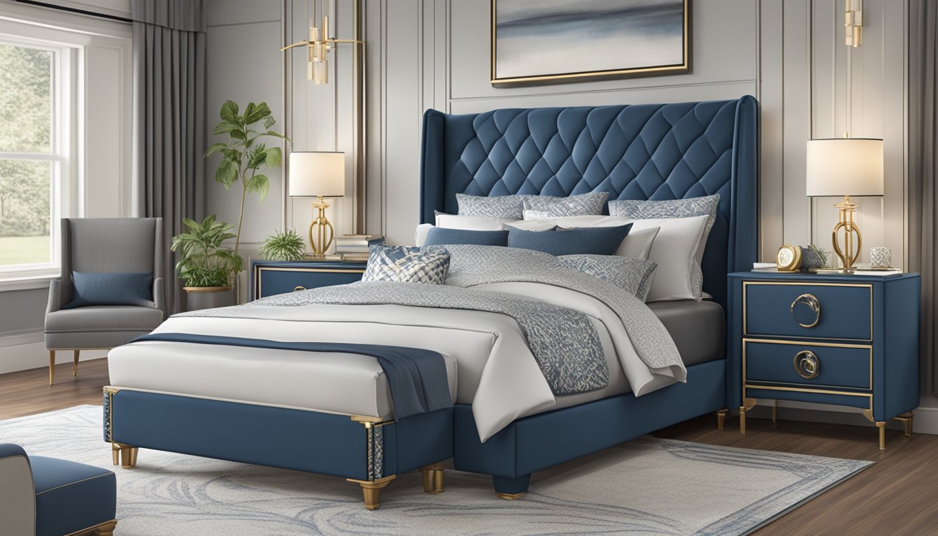 A queen bed, 60 inches wide and 80 inches long, with a headboard and footboard, dressed in luxurious bedding and surrounded by elegant nightstands