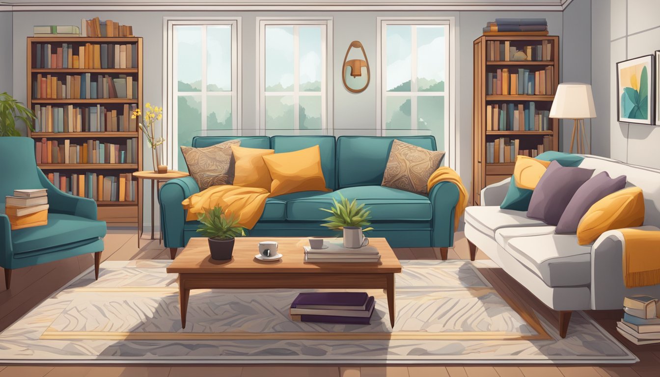 A cozy living room with a plush sofa, a recliner, a coffee table, and a bookshelf filled with books and decorative items