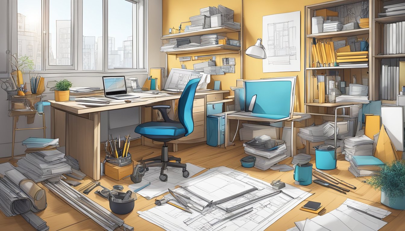 A cluttered room with tools and materials scattered about. Blueprints and design sketches cover the table. A laptop shows renovation tutorials