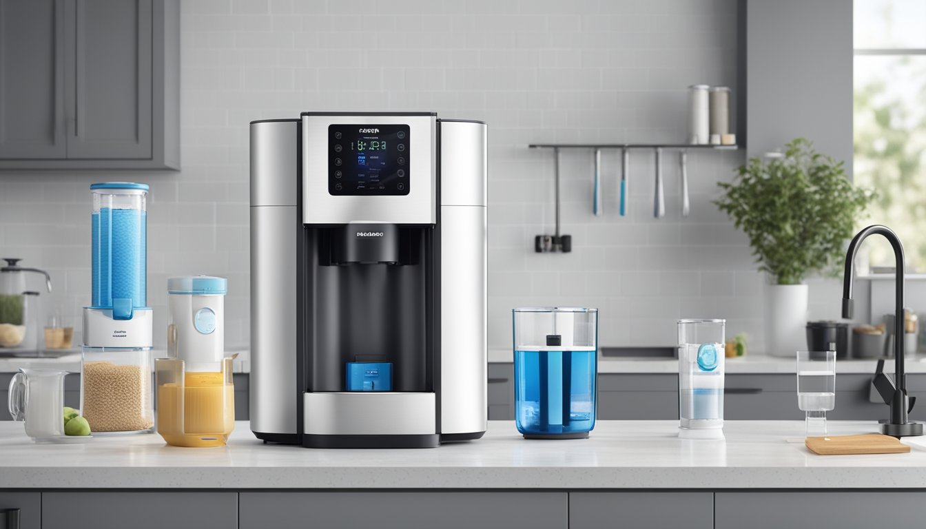 A water filter machine sits on a clean, white countertop. Its sleek design and digital display suggest modern technology. The machine is surrounded by various water filter cartridges and packaging, indicating different options and prices