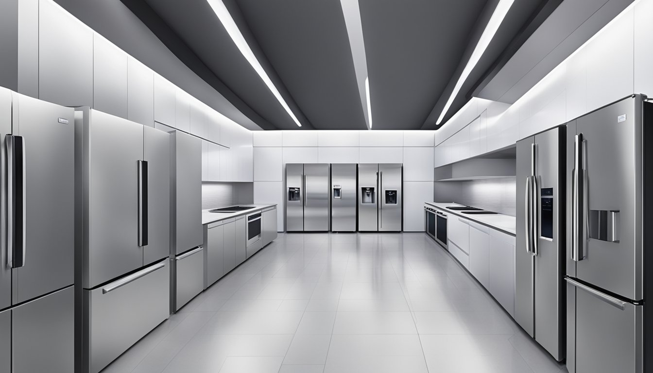 A spacious, brightly lit appliance showroom in Singapore, with rows of sleek, stainless steel refrigerators on display
