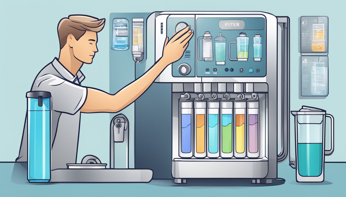 A hand reaches for a sleek water filter machine, surrounded by various options and price tags