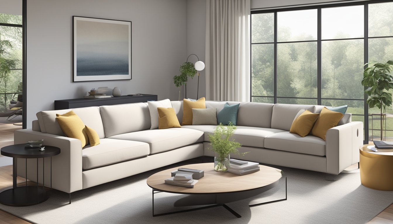 A modern L-shaped sofa, sleek and spacious, sits in a minimalist living room with clean lines and neutral colors