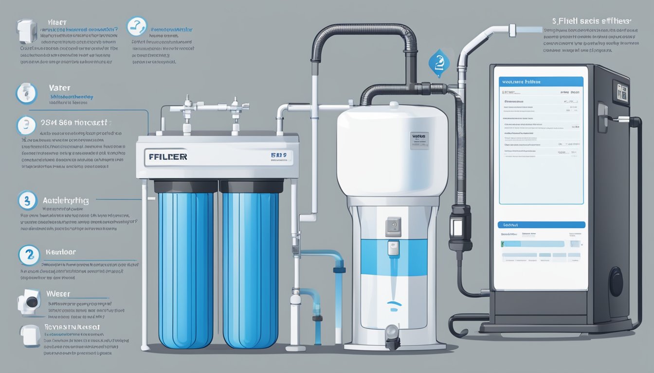 A water filter machine with a price tag displayed prominently, surrounded by a list of frequently asked questions in bold text