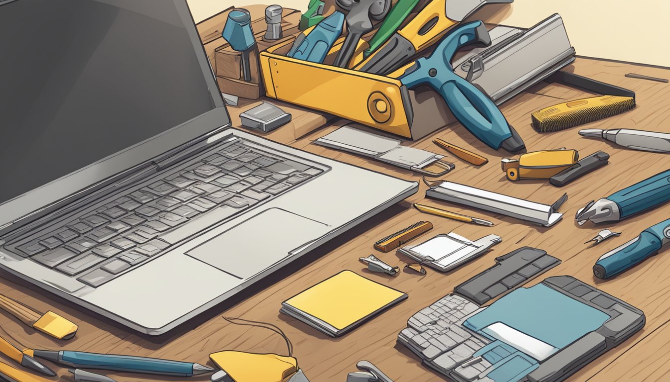 A stack of home improvement tools and a laptop displaying "Frequently Asked Questions diy renovation singapore" on a cluttered desk