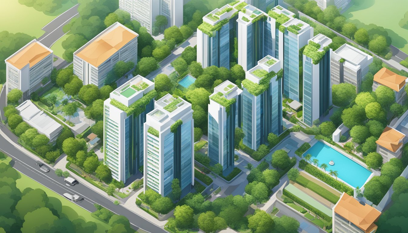 An aerial view of Flexi Flat Singapore with modern architecture and lush greenery surrounding the building