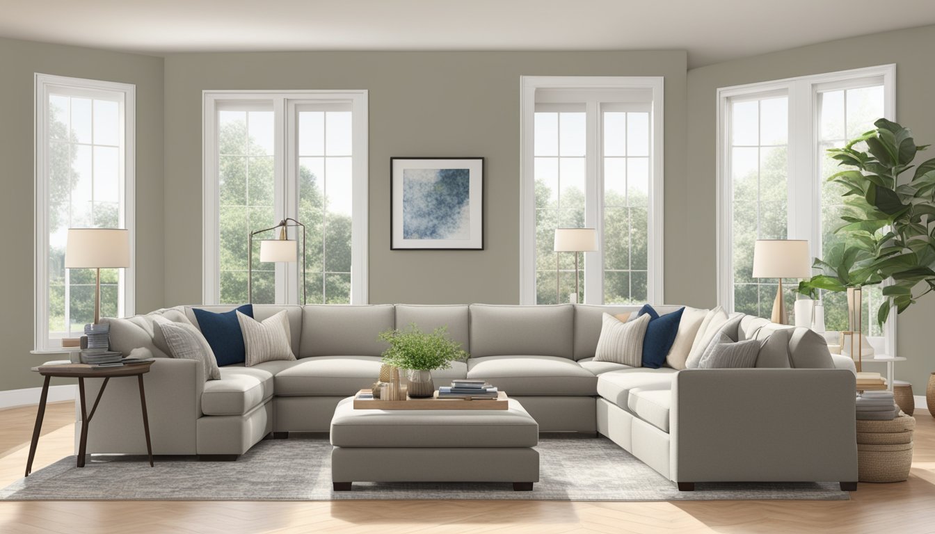 A large L-shaped sofa with a neutral color, measuring approximately 10 feet in length and 6 feet in width, placed in a spacious living room with natural light