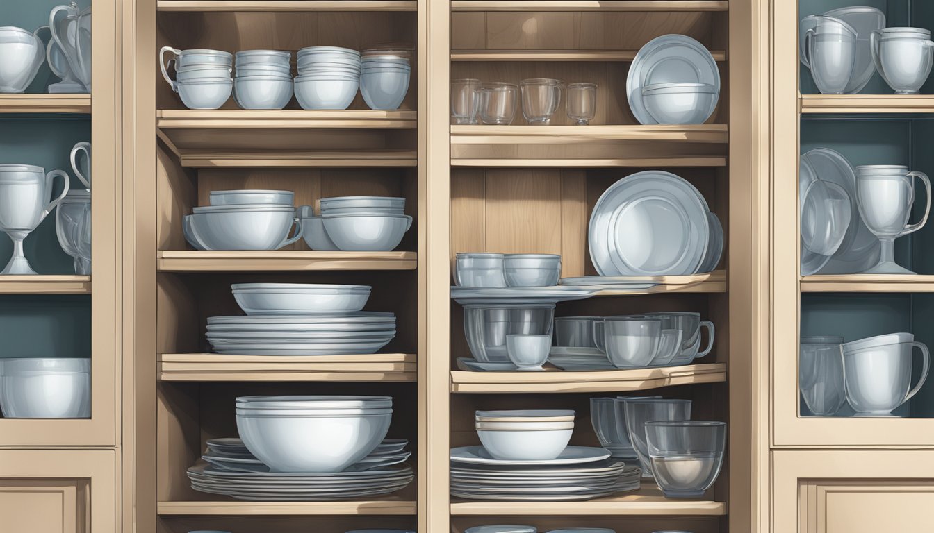 A kitchen cabinet door opens to reveal shelves of neatly stacked dishes and glassware