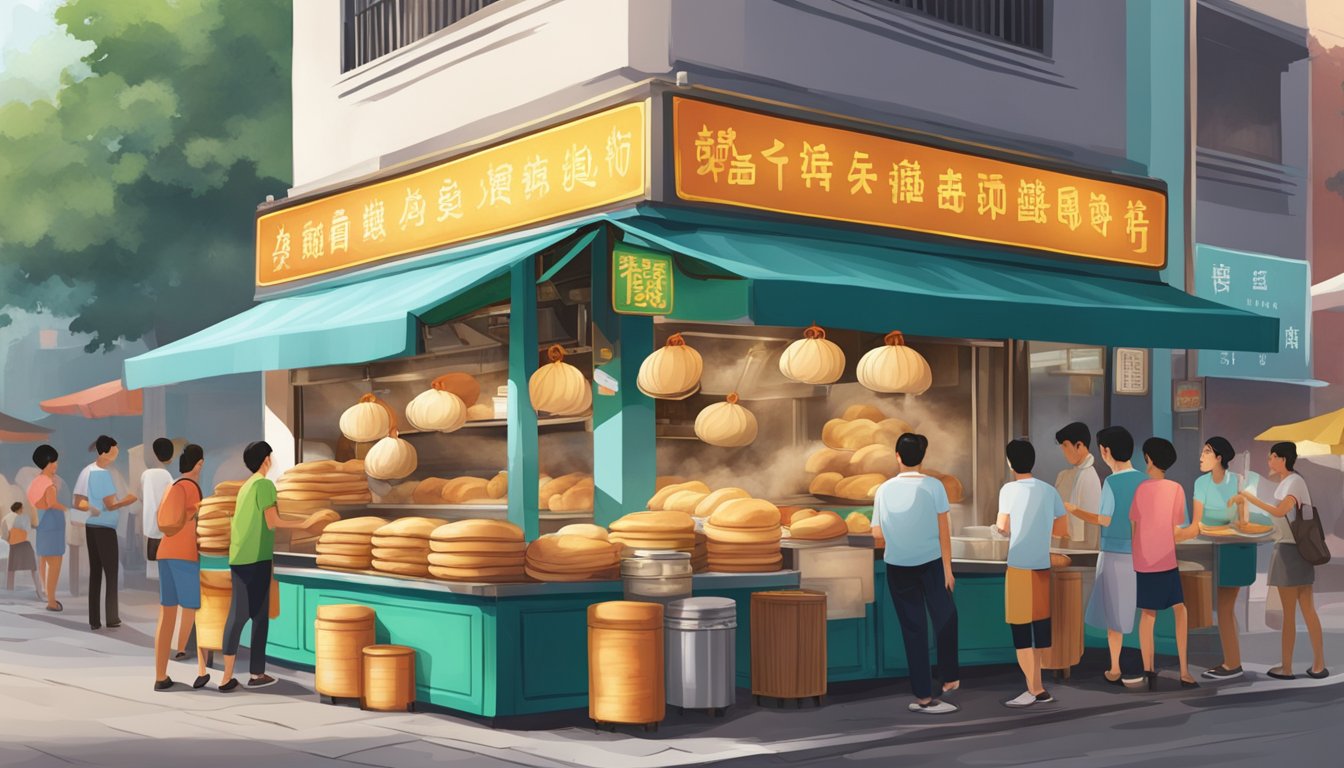 A bustling street corner with a colorful hock seng pau stall surrounded by eager customers and the aroma of steaming buns