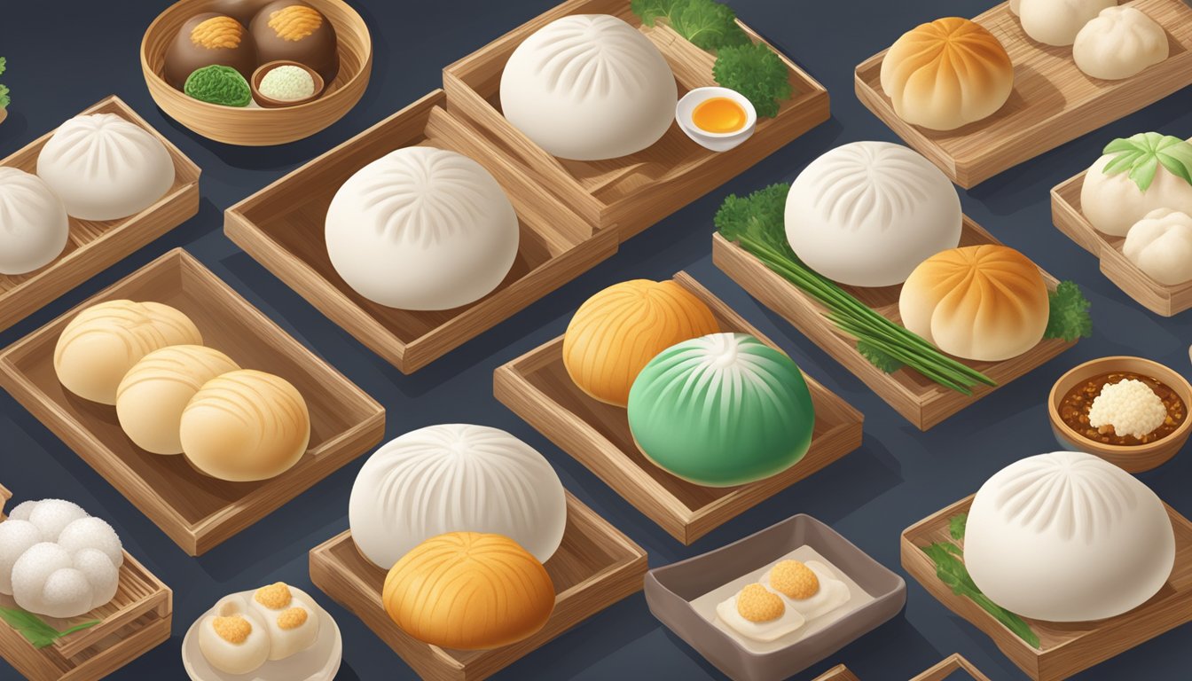 A table displays a variety of steamed buns, including the popular Hock Seng Pau, with steam rising from their soft, fluffy exteriors