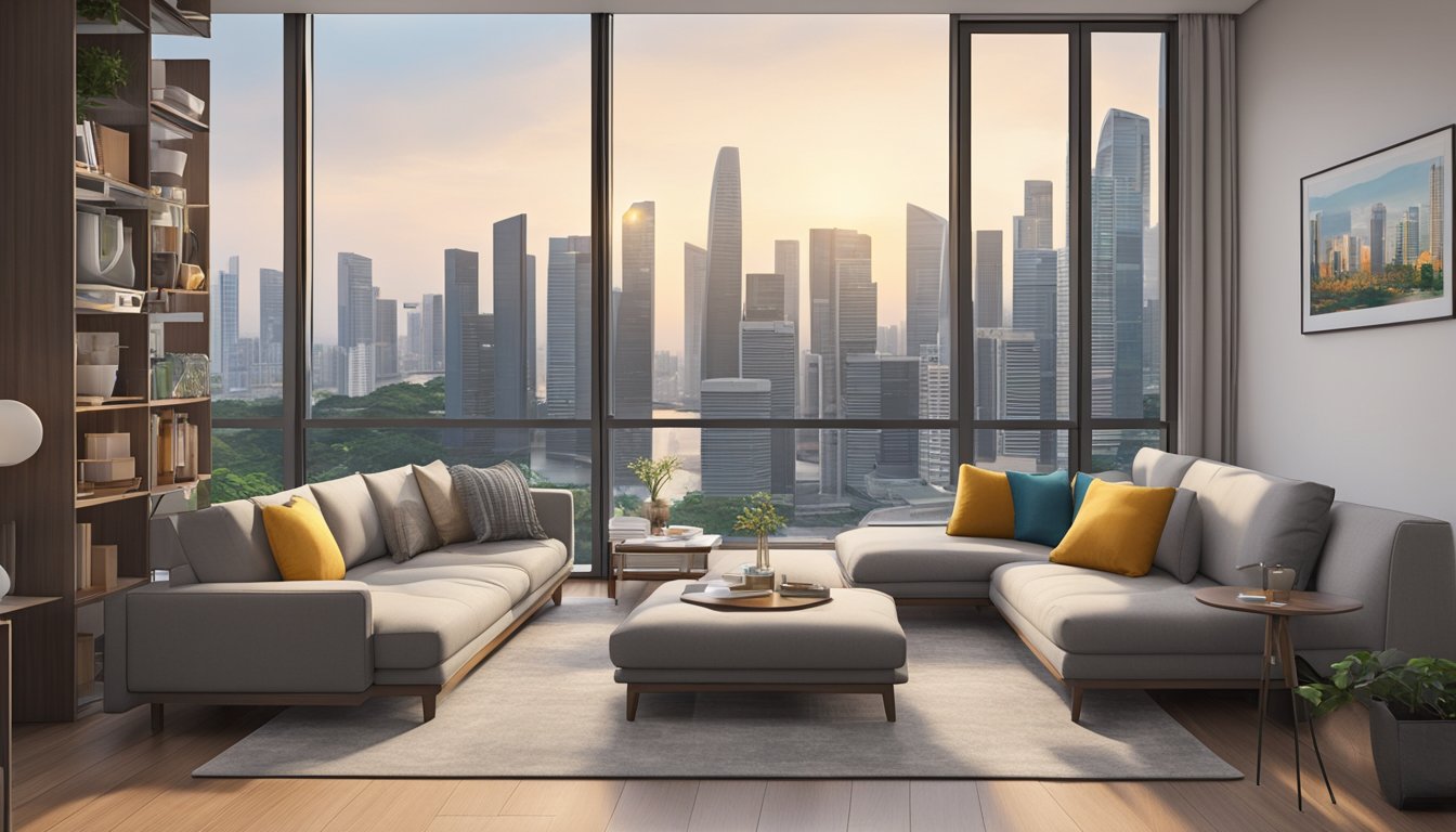 A modern Flexi Flat in Singapore, with sleek furniture, large windows, and a view of the city skyline