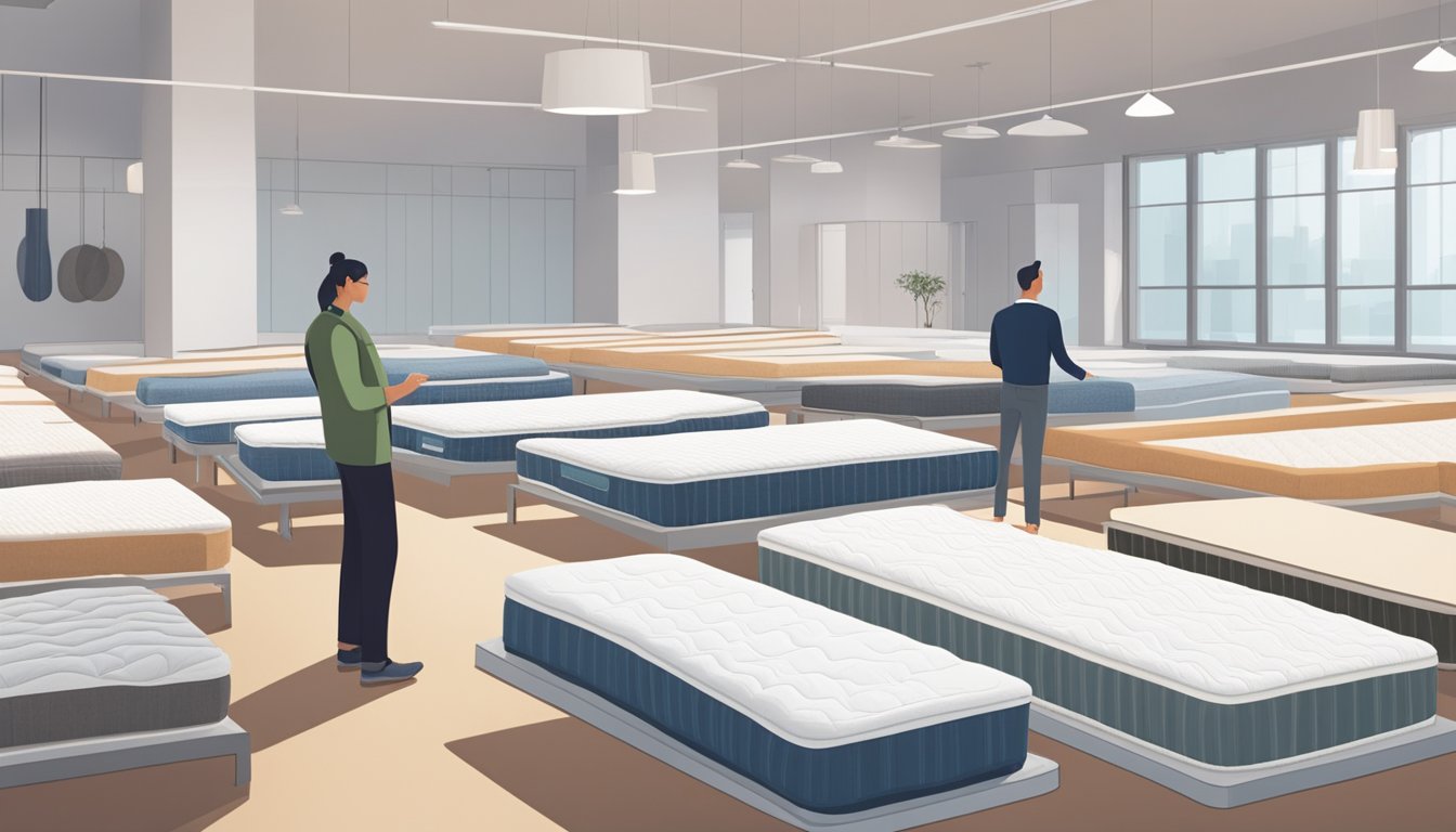 A person stands in a showroom, comparing different hard mattresses. They are carefully examining the firmness of each mattress, trying to find the right one for their needs
