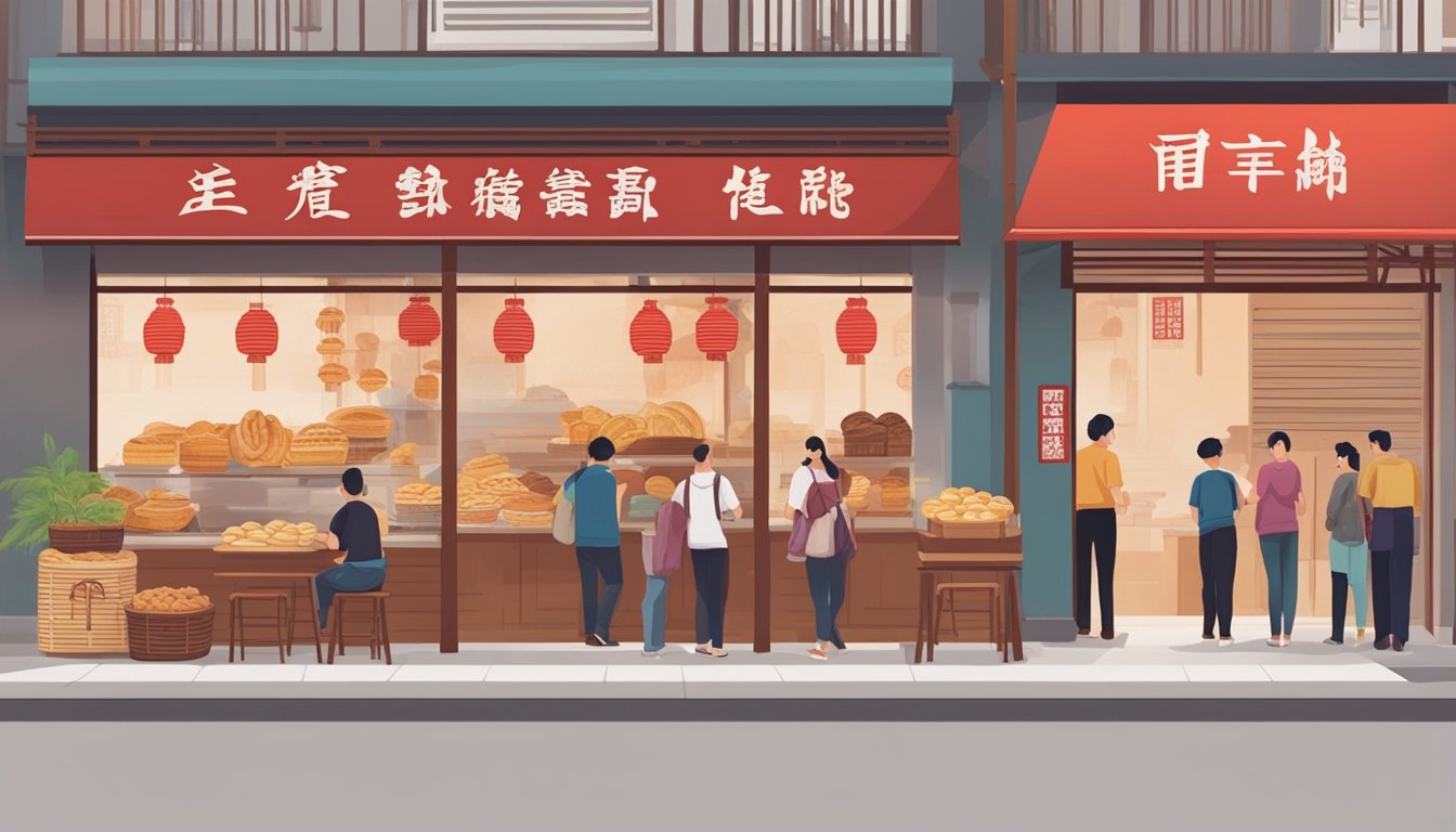 Customers queue outside Hock Seng Pau, a traditional Chinese bakery. The shop's red sign and steaming bamboo baskets draw attention