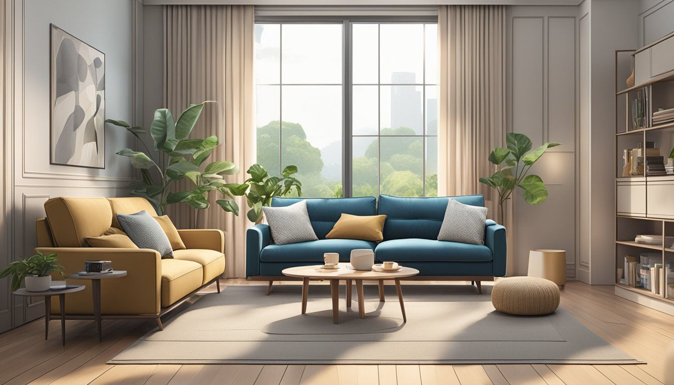 A cozy living room with a 2-seater recliner sofa in Singapore. The sofa is positioned in front of a large window, with soft natural light streaming in