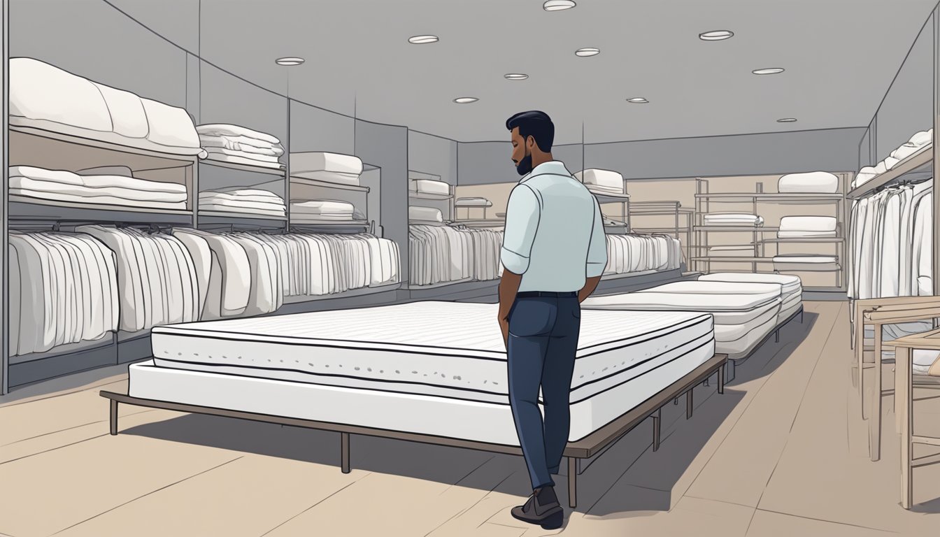 A person standing in a showroom, looking at a foam mattress with a thoughtful expression. The mattress is displayed on a bed frame, surrounded by other bedding options