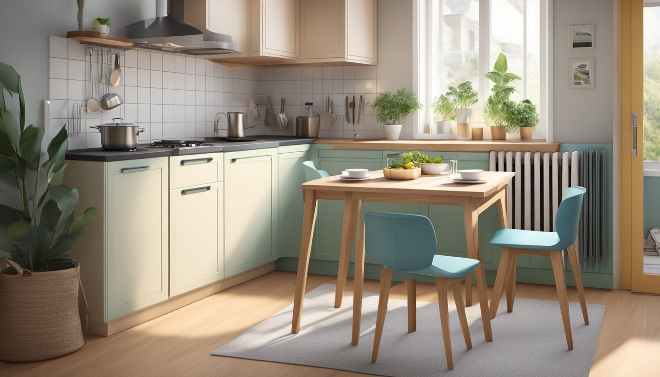 A compact dining table with foldable chairs in a cozy corner of a small kitchen, surrounded by clever storage solutions and natural light