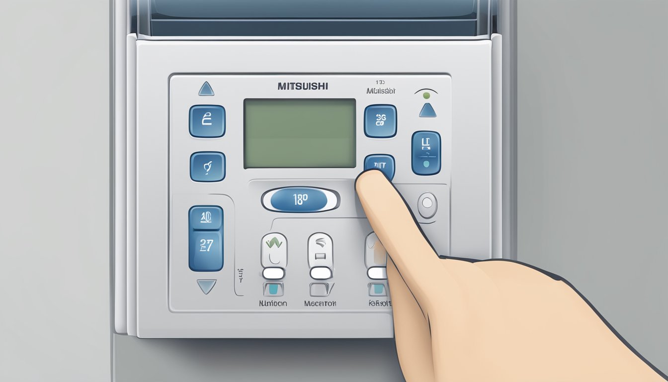 The Mitsubishi air conditioner remote features clear symbols and user settings