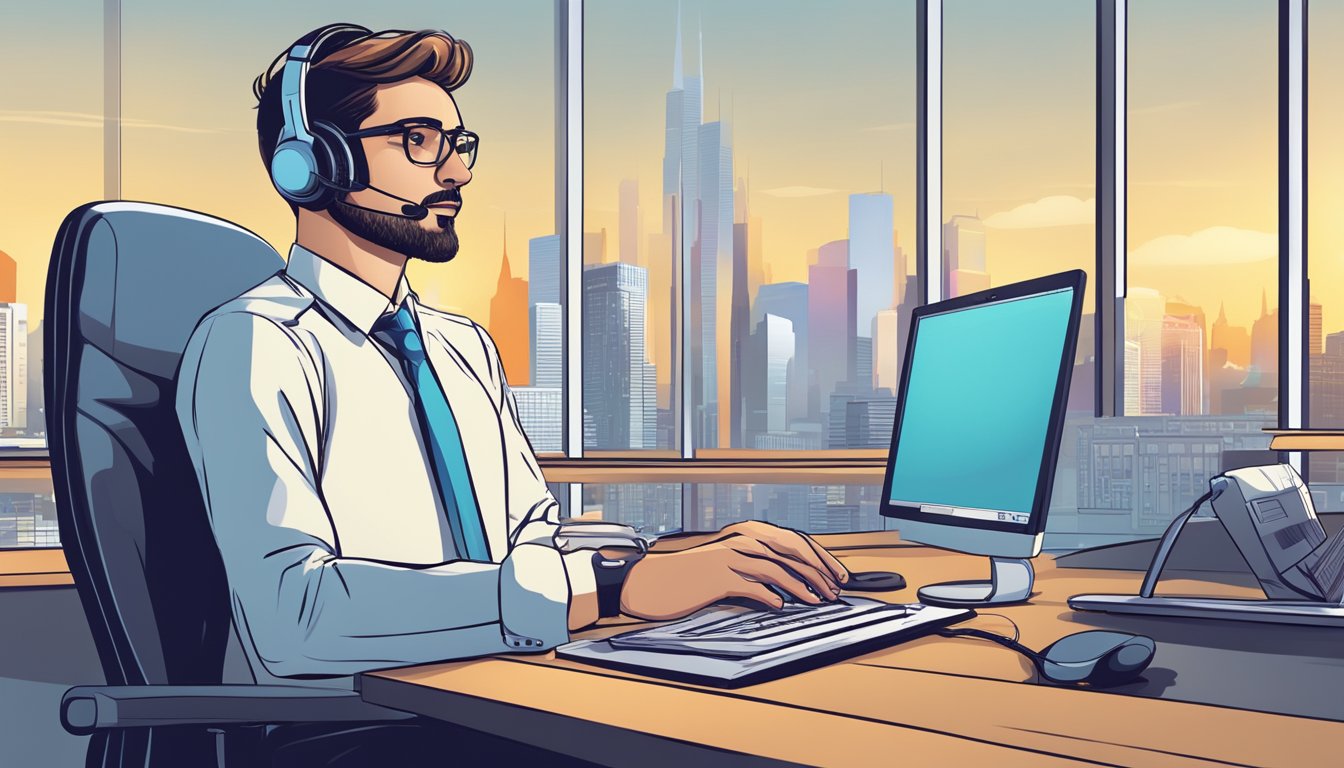A customer service representative sits at a desk with a computer, headset, and notepad, ready to assist customers. The office is bright and modern, with a view of the city skyline