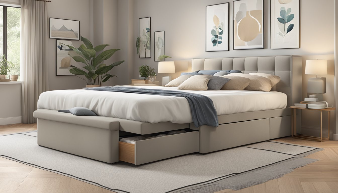 A divan bed with storage drawers underneath, surrounded by various decor and bedding options. The room is well-lit, with a neutral color scheme and clean lines