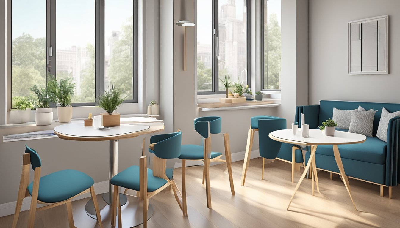 A small dining area with a smart, space-saving table and chairs. The table is adjustable and can be expanded or folded down to fit the available space. The chairs are sleek and stackable, allowing for easy storage when not in use