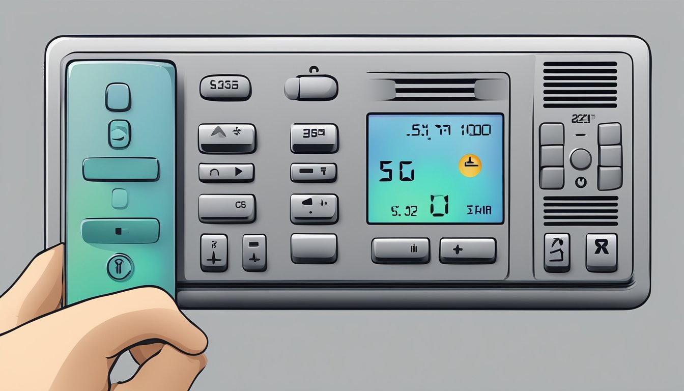 A hand holds a Mitsubishi air conditioner remote, with symbols displayed on the screen. The remote is set against a plain background, with clear visibility of the symbols