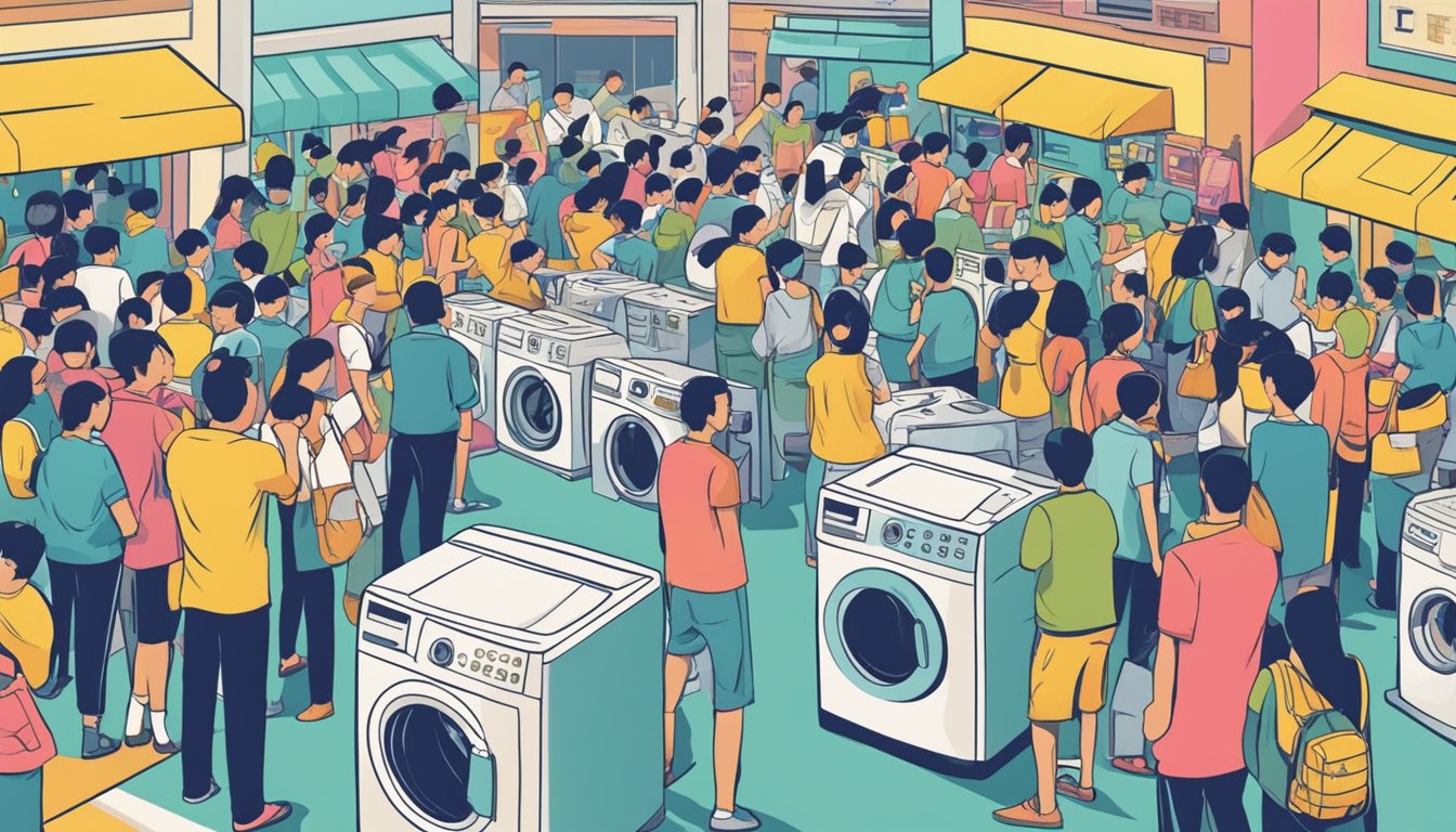 A crowd gathers around a display of washing machines at a sale in Singapore. Brightly colored signs advertise discounts and promotions, while salespeople engage with customers