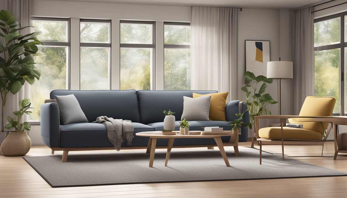 A 2 seater recliner sofa sits in a cozy living room, with soft cushions and a sleek design. The room is well-lit and inviting, with a coffee table and a rug adding to the comfortable atmosphere