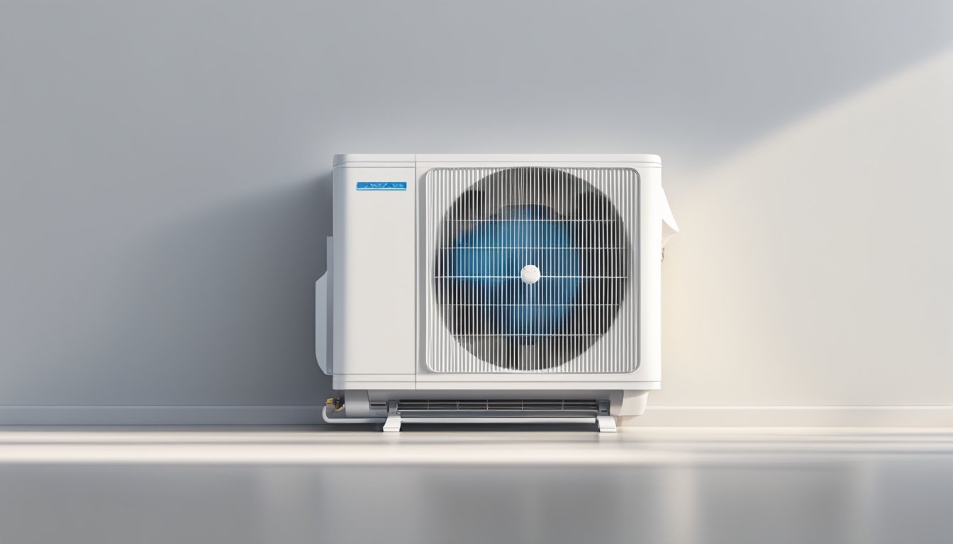 A modern, sleek air conditioning unit stands against a clean, white wall, emitting cool air with a soft hum