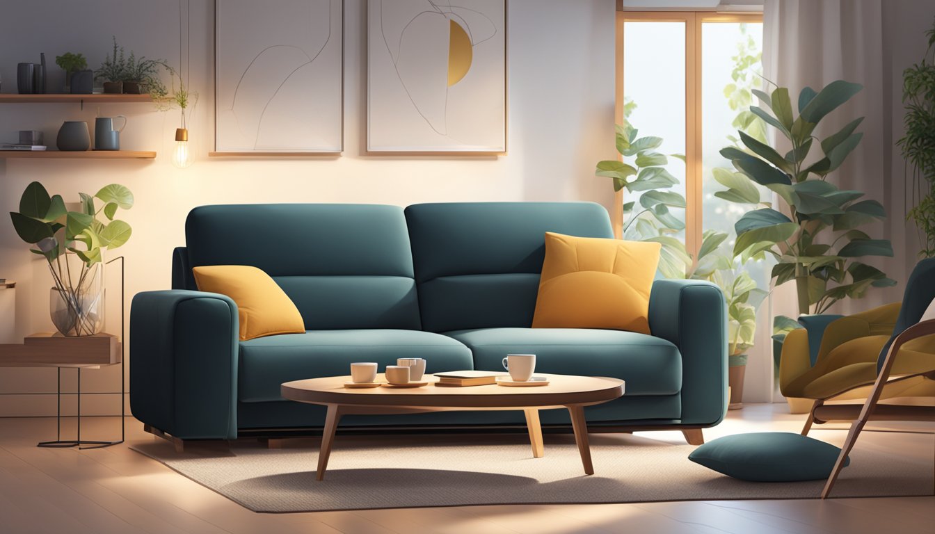A 2-seater recliner sofa in a cozy living room, with soft cushions and a sleek design, surrounded by warm lighting and a stylish coffee table