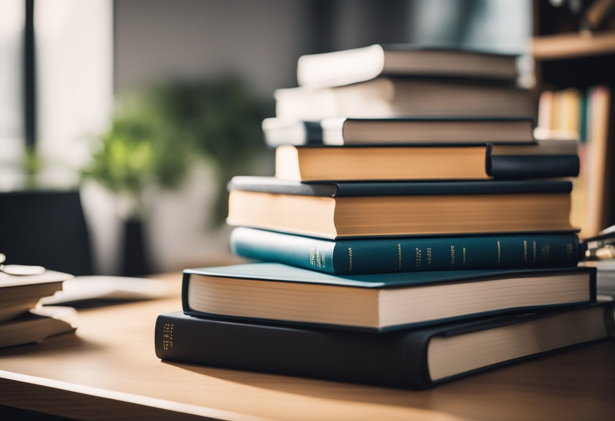 A stack of books and a notebook sit on a desk, surrounded by pens and highlighters. The room is filled with natural light, creating a warm and inviting atmosphere